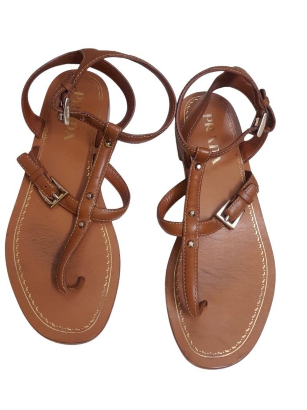Prada Gladiator Brown Leather T Strap Sandals
